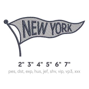 May include: Embroidered pennant flag design with the text "NEW YORK" in navy blue. The flag is light gray with a navy blue border and is attached to a navy blue pole. Sizes available: 2" to 7" in height.