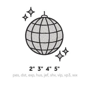 May include: A black and white disco ball design with two sets of starbursts. The image includes the measurements 2", 3", 4", and 5". The design is likely for embroidery or digital art.