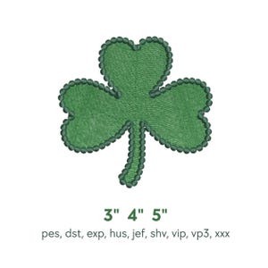 May include: A green embroidered shamrock design with a beaded border. The shamrock is available in 3", 4", and 5" sizes. The image includes the file types: pes, dst, exp, hus, jef, shv, vip, vp3, and xxx.