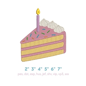 May include: A slice of birthday cake with pink frosting, yellow cake layers, and white frosting dollops. The cake is decorated with colorful sprinkles and a lit candle. The image also includes the measurements 2" to 7".
