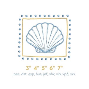 May include: A light blue seashell embroidery design within a gold square, surrounded by blue dots. The design is available in 3", 4", 5", 6", and 7" sizes. The image also lists embroidery file formats.