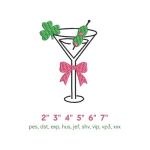 May include: An embroidered design of a martini glass with a green shamrock and olive garnish, and a pink bow. The design includes the measurements 2" to 7" and file types.