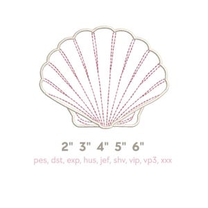 May include: White seashell embroidery design with red stitching. Sizes range from 2 to 6 inches. Includes file formats: pes, dst, exp, hus, jef, shv, vip, vp3, and xxx. Perfect for crafting projects.