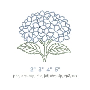 May include: An embroidered design of a hydrangea flower in shades of blue and green. The flower head is composed of numerous small blossoms. The stem and leaves are green. The design is available in 2", 3", 4", and 5" sizes.
