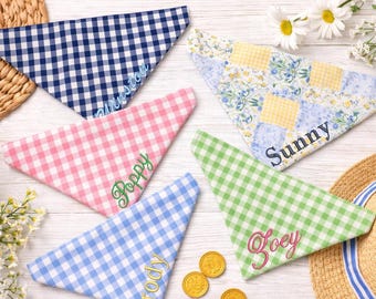 Personalized Dog Bandana with Collar Slip | Gingham Pattern | Embroidered Name Pet Bandana