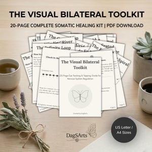 Peut inclure: Le Visual Bilateral Toolkit, un kit de guérison somatique de 20 pages en téléchargement PDF. L'image montre une pile de pages imprimées avec le titre sur le devant. La couverture présente une illustration de papillon. Le kit comprend des guides de suivi oculaire et de tapotement.