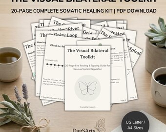 Könnte beinhalten: Das Visual Bilateral Toolkit, ein 20-seitiges PDF zum Herunterladen für ein somatisches Heilungs-Kit. Das Bild zeigt einen Stapel bedruckter Seiten mit dem Titel auf der Vorderseite. Das Cover zeigt eine Schmetterlingsillustration. Das Kit enthält Augenverfolgungs- und Klopf-Anleitungen.