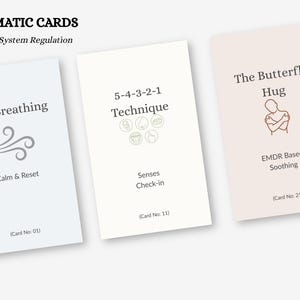 May include: Three cards for nervous system regulation, featuring "Box Breathing", "5-4-3-2-1 Technique", and "The Butterfly Hug". The cards are white, off-white, and pale pink, with black text and illustrations. The cards are designed to help calm and reset.