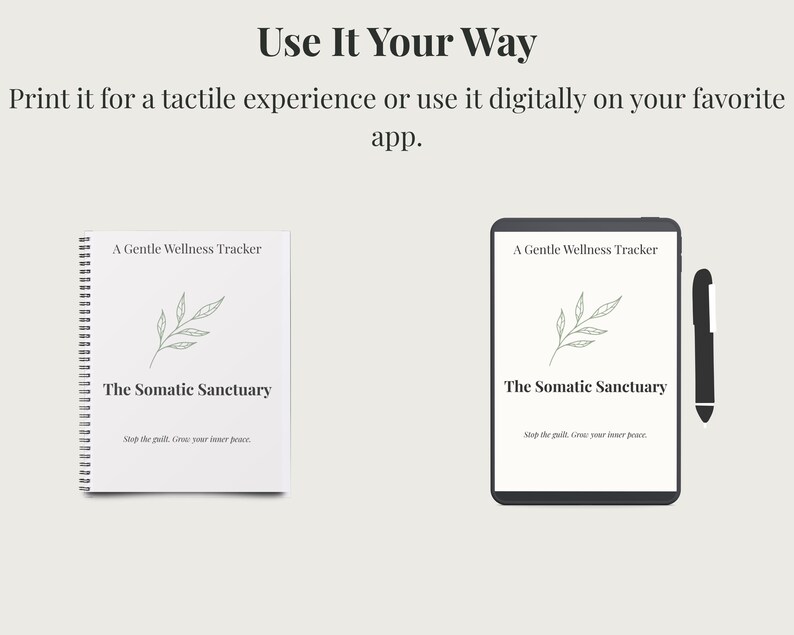 K&ouml;nnte beinhalten: Bild mit einem Wellness-Tracker in zwei Formaten: einem Spiralnotizbuch und einem Tablet. Beide zeigen den Text "A Gentle Wellness Tracker" und "The Somatic Sanctuary" mit einer botanischen Illustration. Ein Stift ist ebenfalls vorhanden.