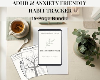 Könnte beinhalten: Draufsicht auf einen Schreibtisch mit einem Habit-Tracker-Bundle. Das Bundle enthält ein digitales Tablet mit dem Text "The Somatic Sanctuary", eine Tasse Tee, einen Stift und eine kleine Topfpflanze. Der Text "ADHD & ANXIETY FRIENDLY" steht oben.