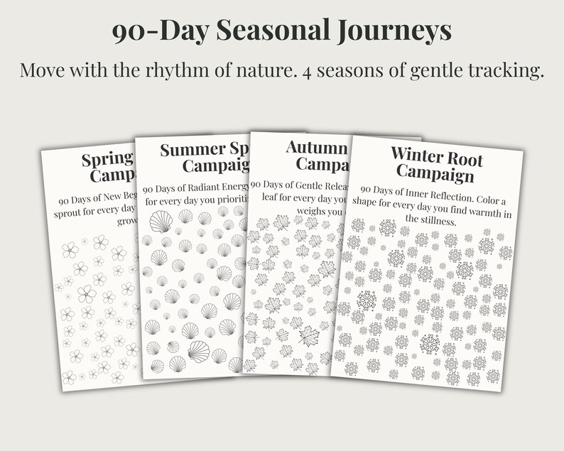 K&ouml;nnte beinhalten: Vier wei&szlig;e Papierb&ouml;gen mit saisonalen Themen: Fr&uuml;hling, Sommer, Herbst und Winter. Jedes Blatt hat einen Titel und Text mit Illustrationen von Blumen, Muscheln, Bl&auml;ttern und Schneeflocken. Der Text lautet "90-Day Seasonal Journeys."