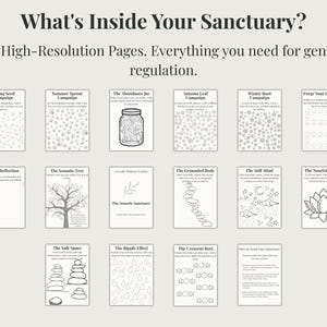 K&ouml;nnte beinhalten: Beigefarbener Druck mit 16 hochaufl&ouml;senden Seiten. Der Text lautet &bdquo;What's Inside Your Sanctuary?&ldquo; und &bdquo;Everything you need for gentle regulation.&ldquo; Jede Seite zeigt einzigartige Designs, darunter Illustrationen von einem Glas, Baum und Lotusblume.
