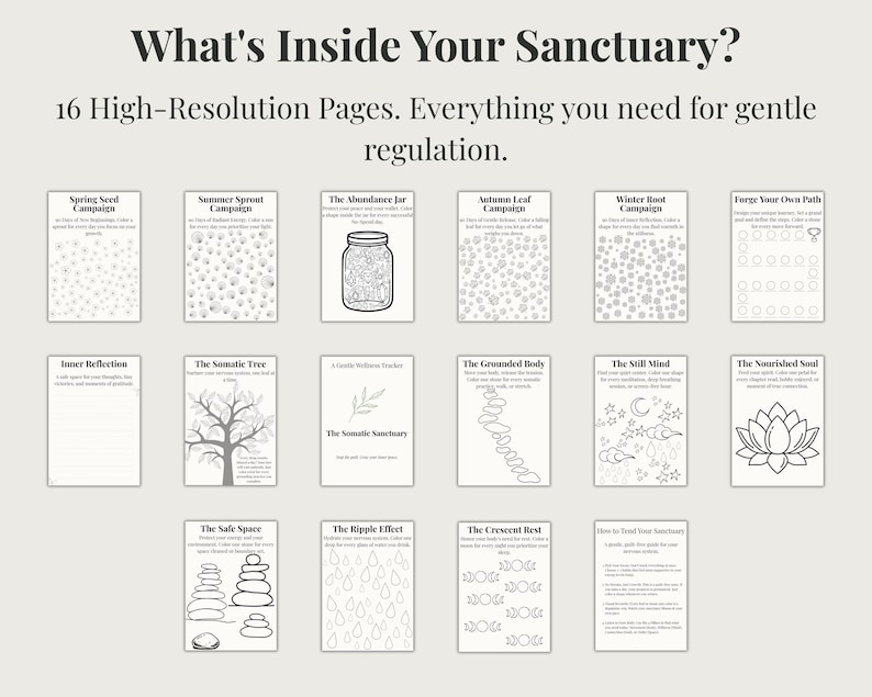 K&ouml;nnte beinhalten: Beigefarbener Druck mit 16 hochaufl&ouml;senden Seiten. Der Text lautet &bdquo;What's Inside Your Sanctuary?&ldquo; und &bdquo;Everything you need for gentle regulation.&ldquo; Jede Seite zeigt einzigartige Designs, darunter Illustrationen von einem Glas, Baum und Lotusblume.