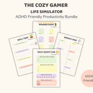 Könnte beinhalten: Ein Set ausdruckbarer Planerseiten mit dem Titel "THE COZY GAMER LIFE SIMULATOR ADHD Friendly Productivity Bundle". Die Seiten zeigen einen Fähigkeitsbaum, einen Belohnungsshop, eine Wochenkarte und ein tägliches Questprotokoll mit Pastellfarben.