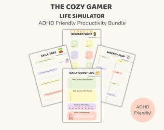 Könnte beinhalten: Ein Set ausdruckbarer Planerseiten mit dem Titel "THE COZY GAMER LIFE SIMULATOR ADHD Friendly Productivity Bundle". Die Seiten zeigen einen Fähigkeitsbaum, einen Belohnungsshop, eine Wochenkarte und ein tägliches Questprotokoll mit Pastellfarben.