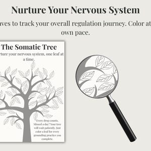 K&ouml;nnte beinhalten: Graustufen-Illustration von "The Somatic Tree" mit dem Text: "Nurture your nervous system, one leaf at a time." Das Bild enth&auml;lt eine Lupe mit Bl&auml;ttern und den Text: "Nurture Your Nervous System". Der Text ermutigt dazu, die Regulierung mit 50 Bl&auml;ttern zu verfolgen.