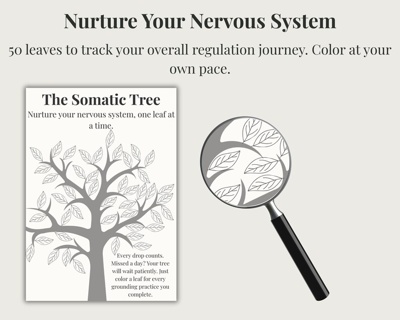 K&ouml;nnte beinhalten: Graustufen-Illustration von "The Somatic Tree" mit dem Text: "Nurture your nervous system, one leaf at a time." Das Bild enth&auml;lt eine Lupe mit Bl&auml;ttern und den Text: "Nurture Your Nervous System". Der Text ermutigt dazu, die Regulierung mit 50 Bl&auml;ttern zu verfolgen.