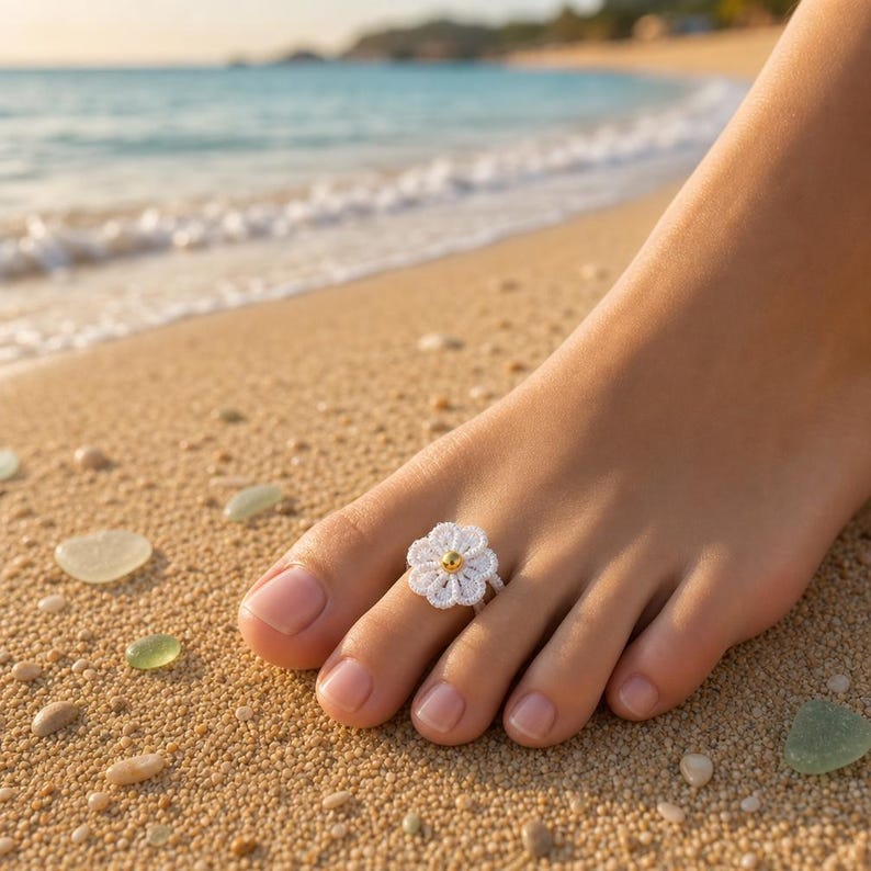 May include: A white crocheted flower toe ring featuring a small, smooth, metallic gold-colored bead at its center. The ring is constructed from fine white thread, forming a six-petaled floral shape that sits securely on the second toe of a foot.