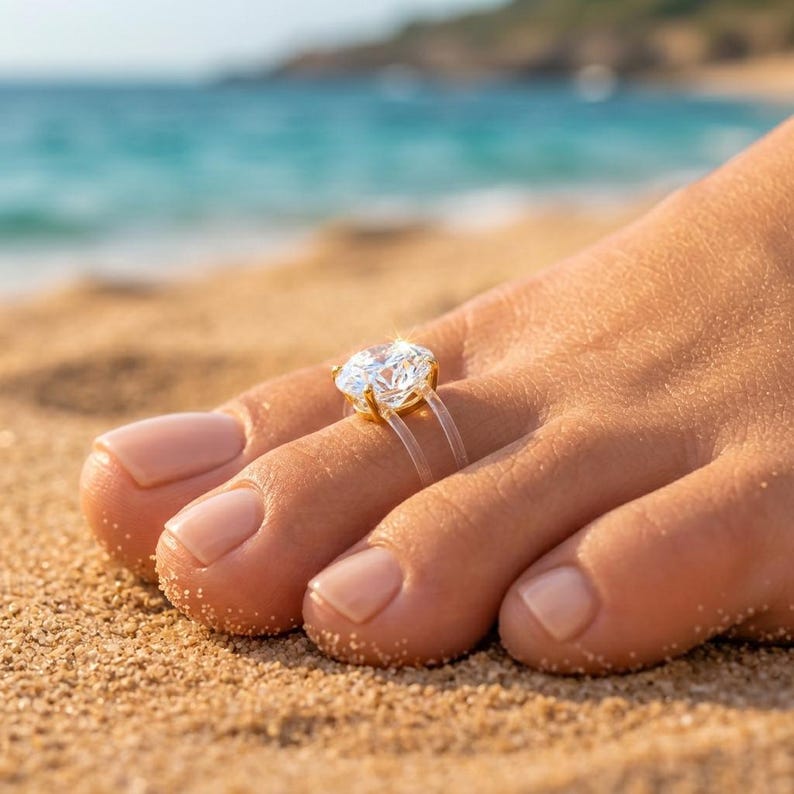 adjustable toe ring, Vacation jewelry for her,Minimalist Waterproof Beach Summer wedding Jewelry ,Invisible Fishing Line Floating Design image 2