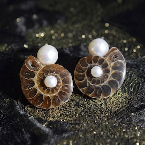 Op de afbeelding: Oorbellen met gefossiliseerde ammonietschelpen met een spiraalpatroon in bruine en beige tinten. Elke oorbel heeft een grote witte parel bovenop en een kleinere parel in het midden.