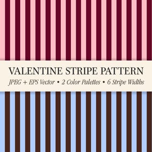 Könnte beinhalten: Ein digitales Design mit vertikalen Streifen in zwei Farbschemata. Der obere Bereich hat rosa und burgunderfarbene Streifen, während der untere Bereich braune und hellblaue Streifen hat. Der Text "VALENTINE STRIPE PATTERN" wird in der Mitte angezeigt.