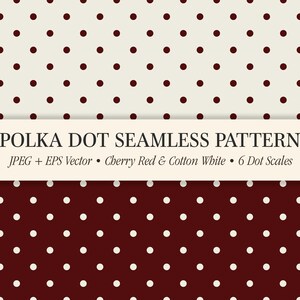 May include: Two seamless polka dot patterns. One features cherry red dots on a cotton white background, and the other has white dots on a cherry red background. The text reads "POLKA DOT SEAMLESS PATTERN".