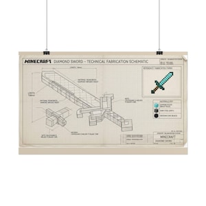 May include: A Minecraft Diamond Sword technical fabrication schematic print on grid paper. The document features a 3D wireframe diagram of the sword, a pixelated reference image, a materials key, and technical notes with a length of 768mm.