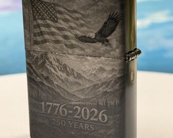 Personalized black Lighter celebrating America's 250th, soaring eagle and American flag over majestic mountains