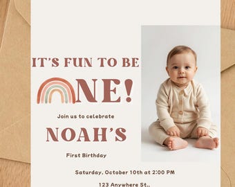 Its Fun to Be One First Birthday Invitation, Editable Canva, Instant Download