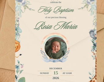 Editable Baptism Invitation Template with Photo, Safari Animal Christening Invite, Neutral Baby Canva Download