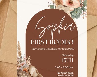 First Rodeo Birthday Invitation Template, Cowgirl 1st Birthday Invite, Western Boho Party Canva Download