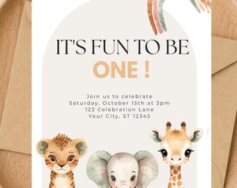 Safari First Birthday Invitation, Editable Jungle Baby Shower Invite (Digital Download)