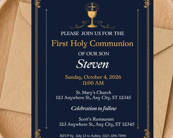 First Holy Communion Invitation, Boy Invite Template, Catholic Church (Digital Download)