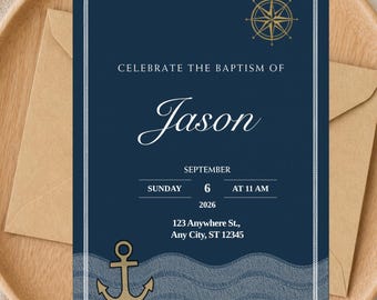 Nautical Baptism Invitation Template, Editable Anchor Christening Invite (Digital Download)