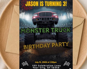 Monster Truck Birthday Invitation Template, Editable Boy Party Invite (Canva)