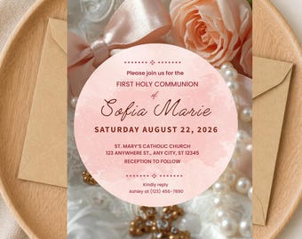 Editable First Holy Communion Invitation Template, Floral Catholic Baptism Invite (Digital Download)