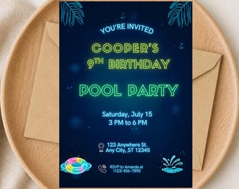 Neon Pool Party Invitation, Boys Birthday Swim Invite (Canva Template)