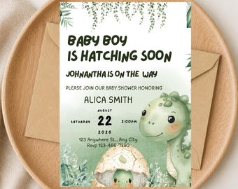 Baby Boy Hatching Soon Dinosaur Baby Shower Invitation, Editable Canva Template