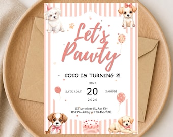 Girl Puppy Birthday Invitation: Pink Dog Pawty Canva Template (Editable)