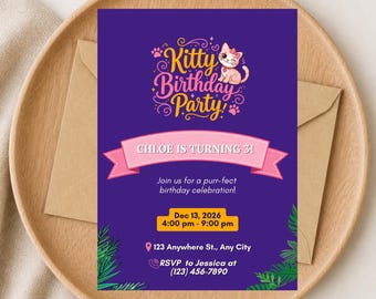 Kitty Birthday Invitation Editable Template: Cat Party Invite (Canva)