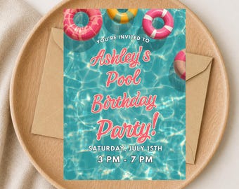 Girl's Pool Birthday Party Invitation, Summer Swim Invite, Editable Canva Template