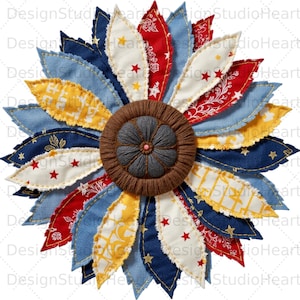 May include: A handmade sunflower featuring petals made from denim, red, white, and yellow fabrics. The centre is a brown, circular design with a grey centre and a pink accent. The petals are stitched together, creating a unique, decorative floral design.