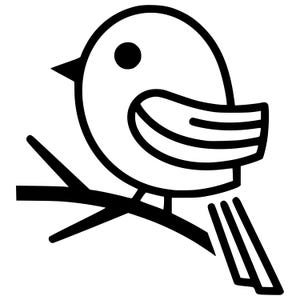 May include: A black and white illustration of a bird perched on a branch. The bird has a round body, a small beak, and a single eye. The wings are detailed with horizontal lines, and the tail is composed of vertical lines.