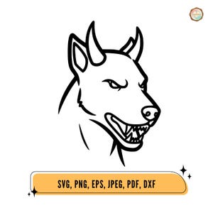May include: A black and white illustration of a snarling dog with horns. The dog's teeth are bared, and its eyes are narrowed. Below the image is a yellow banner with the text "SVG, PNG, EPS, JPEG, PDF, DXF."