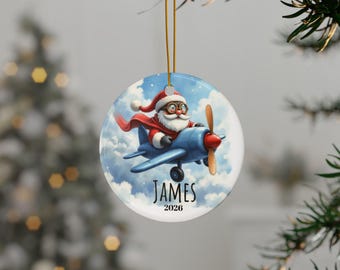 Santa In An Airplane Ornament with Name Personalized Ceramic Ornament | Christmas