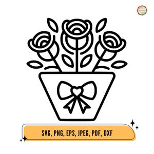 Puede incluir: Ilustración en blanco y negro de un arreglo floral. Tres rosas con hojas en un jarrón con un diseño de lazo y corazón. La imagen incluye el texto "SVG, PNG, EPS, JPEG, PDF, DXF".