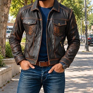 May include: A distressed black leather jacket with brown highlights, featuring a pointed collar, two chest pockets with button flaps, two zippered side pockets, and long sleeves with buttoned cuffs, worn over a plain navy blue t-shirt and blue jeans.
