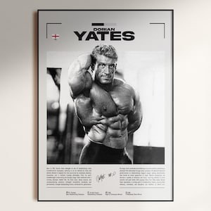 May include: Black and white poster featuring Dorian Yates, a bodybuilder, with the text "Dorian Yates" at the top. The poster includes a photograph of Yates flexing his muscles. The English flag is in the top left corner.