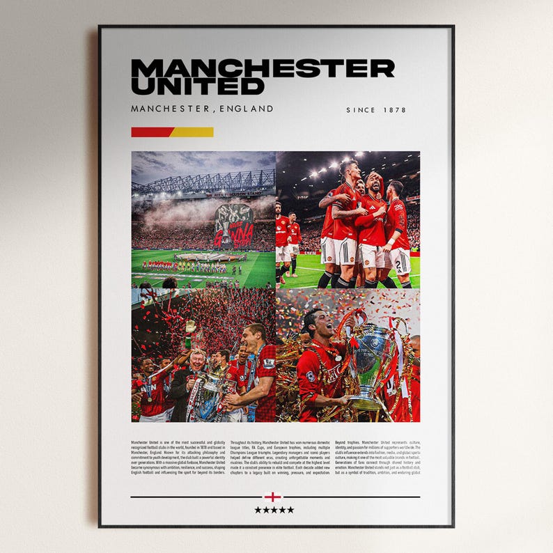 Plakat Manchester United, Dekoracja Manchester United, Prezent dla kibica Manchester United, Grafika ścienna Manchester United, Plakat piłkarski, Prezent piłkarski, Pobieranie cyfrowe zdjęcie 1
