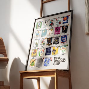 May include: Framed poster featuring FIFA World Cup logos from 1930 to 2026. The poster has a black frame and is displayed on a wooden table. The logos are arranged in a grid, each representing a different year and host country. The words "FIFA WORLD CUP" are printed in white.